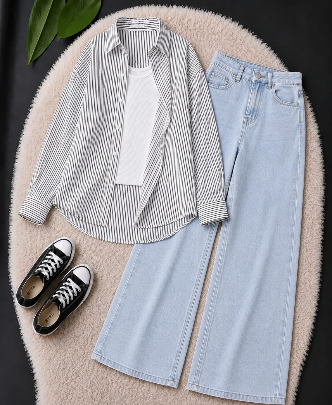 TRIO PACK (WHITE AND BLACK STRIPES BUTTON DOWN SHIRT WITH WHITE INNER AND ICE BLUE WIDE LEG JEANS)