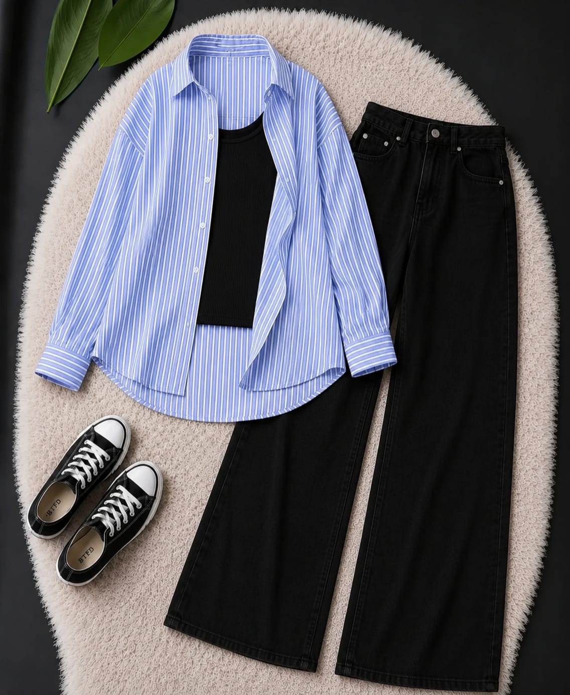 TRIO PACK (WHITE AND BLUE STRIPES BUTTON DOWN SHIRT WITH BLACK INNER AND BLACK WIDE LEG JEANS)