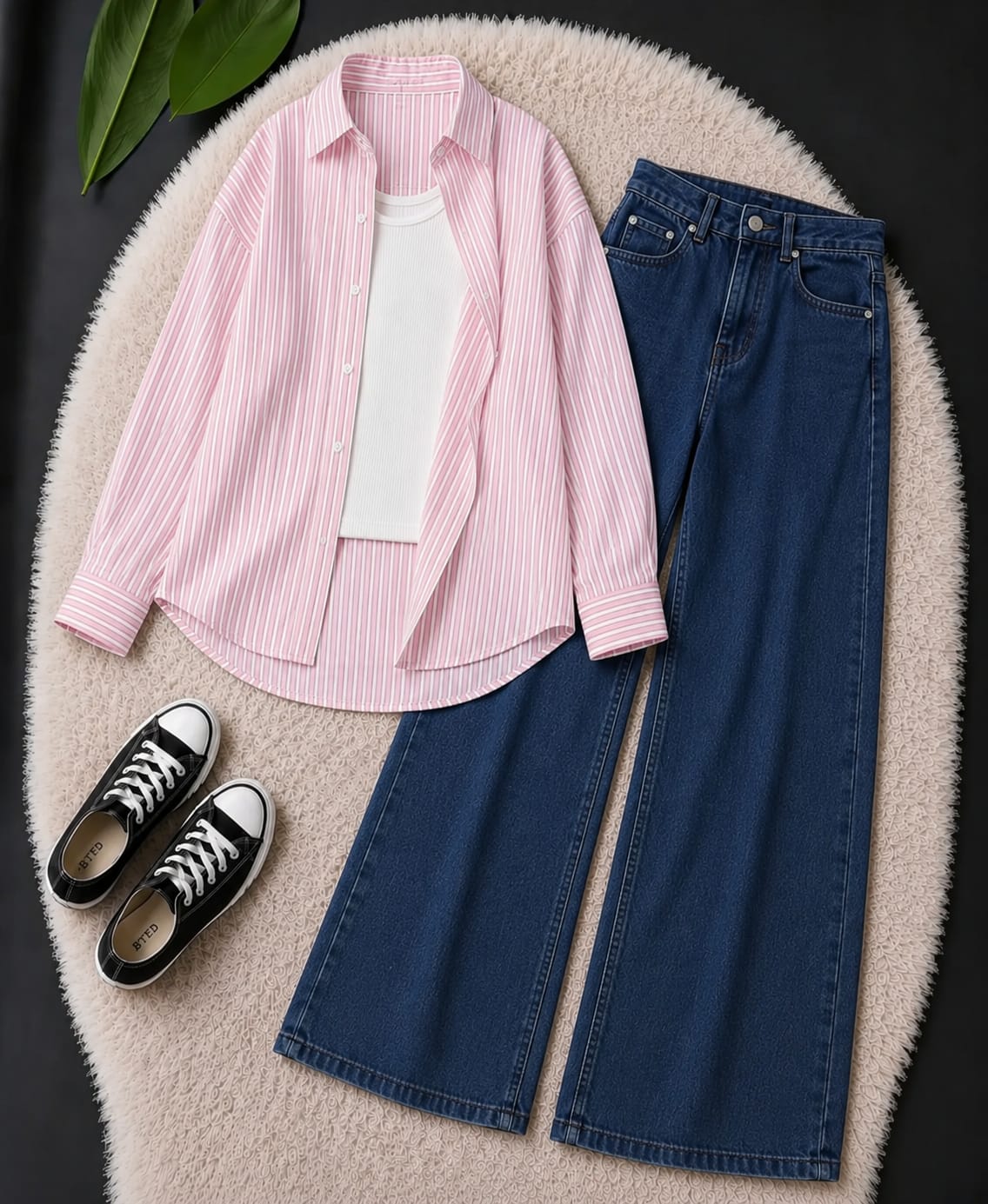 TRIO PACK (WHITE AND PINK STRIPES BUTTON DOWN SHIRT WITH WHITE INNER AND DARK BLUE WIDE LEG JEANS)