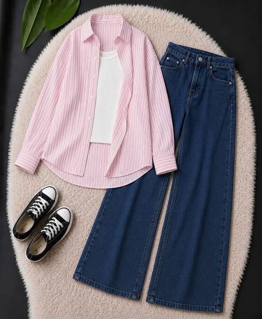 TRIO PACK (WHITE AND PINK STRIPES BUTTON DOWN SHIRT WITH WHITE INNER AND DARK BLUE WIDE LEG JEANS)