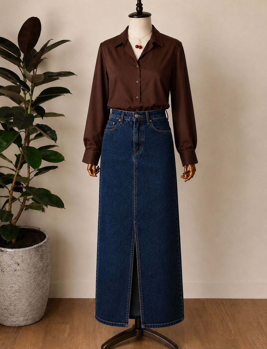 DUO PACK ( DARK BROWN BUTTON DOWN SHIRT WITH DARK MID BLUE DENIM SKIRT )
