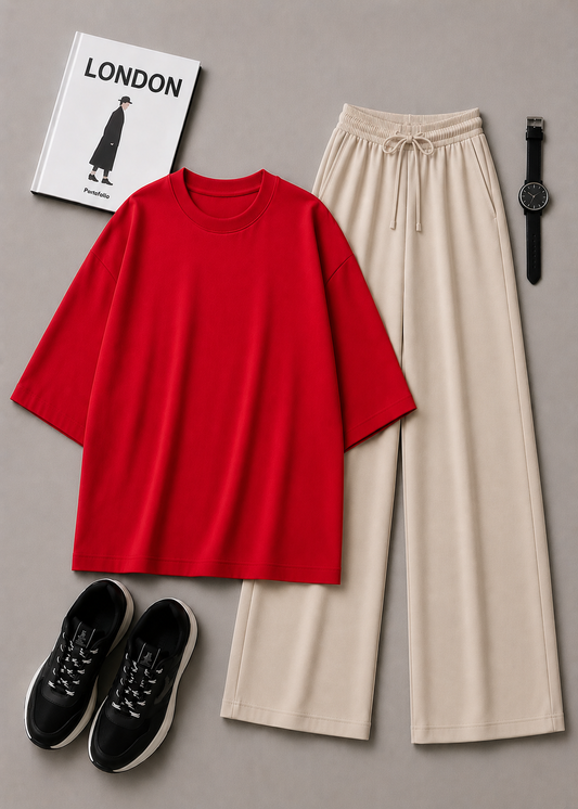 DUO PACK ( RED BAGGY TEE WITH BEIGE FLAPPER TROUSER )