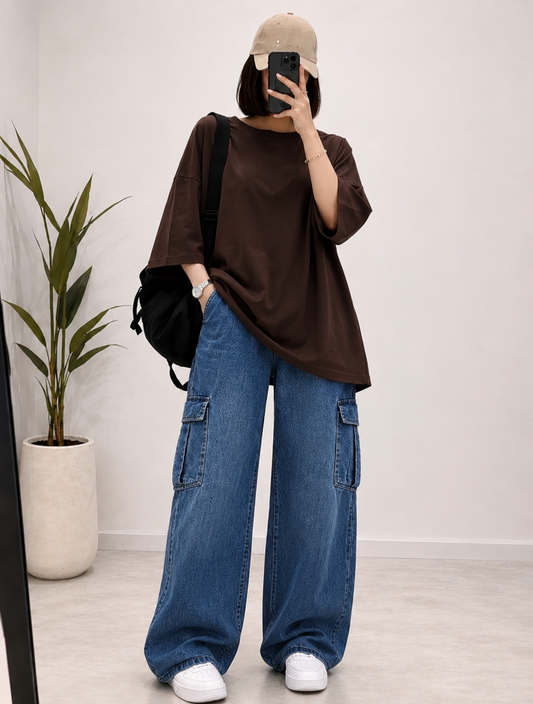 DUO PACK ( DARK BROWN BAGGY TEE WITH MID BLUE CARGO WIDE LEG JEANS )