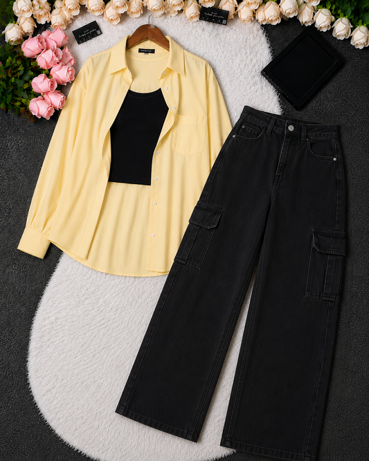 SUMMER TRIO PACK ( BUTTER YELLOW BUTTON DOWN SHIRT WITH BLACK INNER AND MALAYSIAN BLACK CARGO DENIM)
