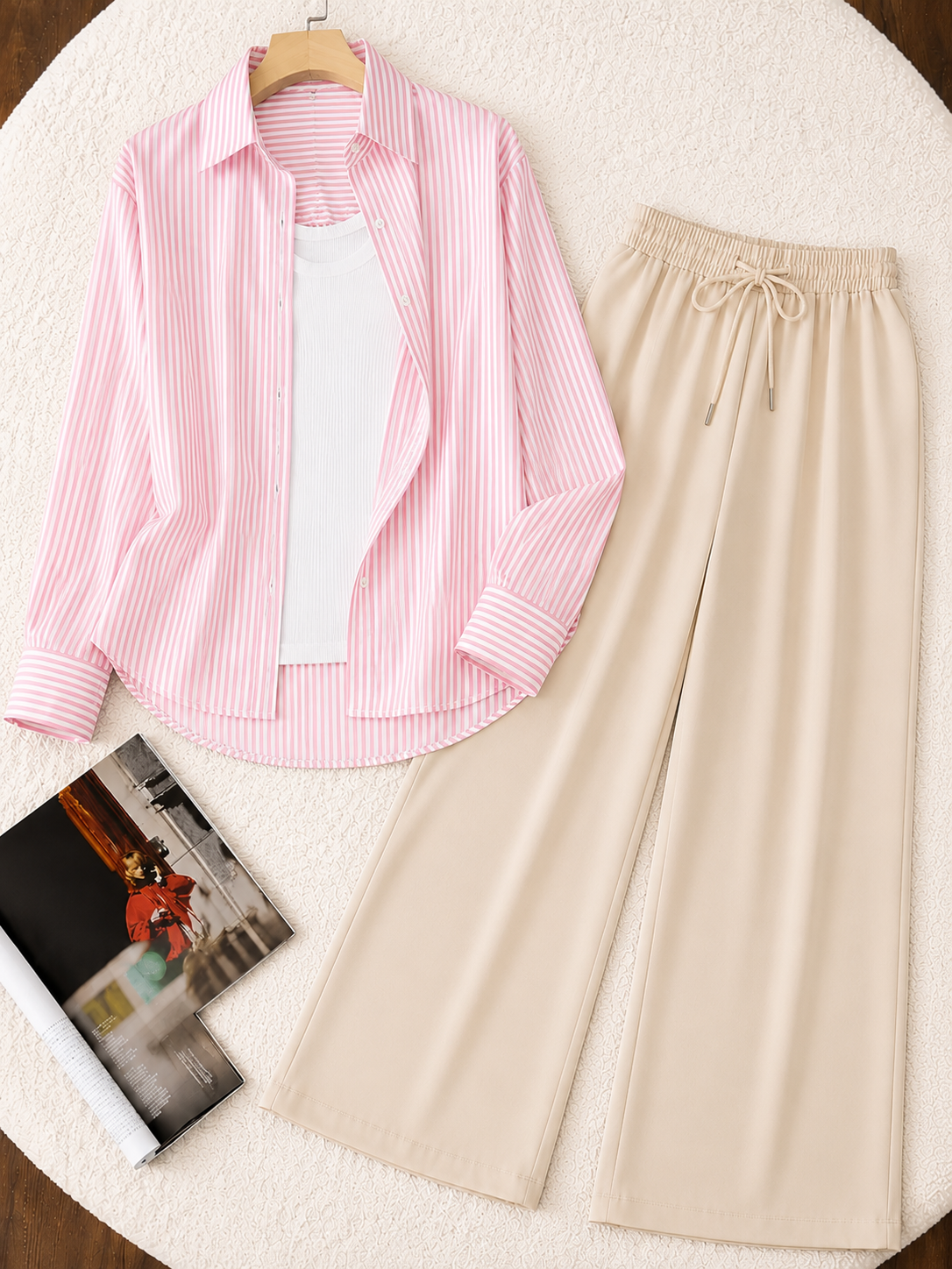 TRIO PACK ( WHITE AND PINK STRIPES BUTTON DOWN SHIRT WITH WHITE INNER AND BEIGE FLAPPER TROUSER)