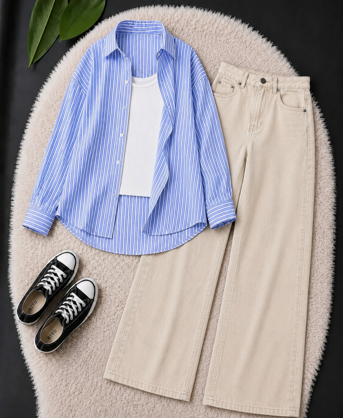 TRIO PACK (WHITE AND BLUE STRIPES BUTTON DOWN SHIRT WITH WHITE INNER AND BEIGE WIDE LEG JEANS)