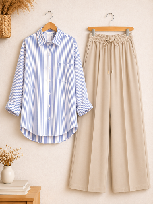 DUO PACK ( WHITE AND BLUE STRIPES BUTTON DOWN SHIRT WITH BEIGE FLAPPER TROUSER )