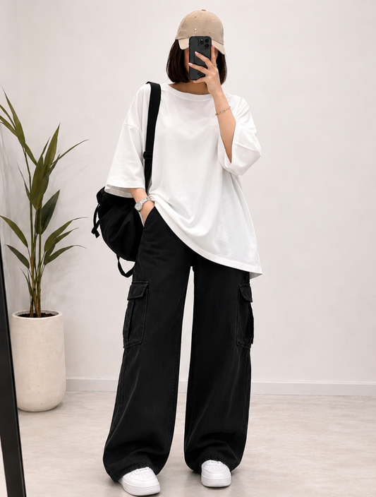 DUO PACK ( WHITE BAGGY TEE WITH BLACK CARGO WIDE LEG JEANS )