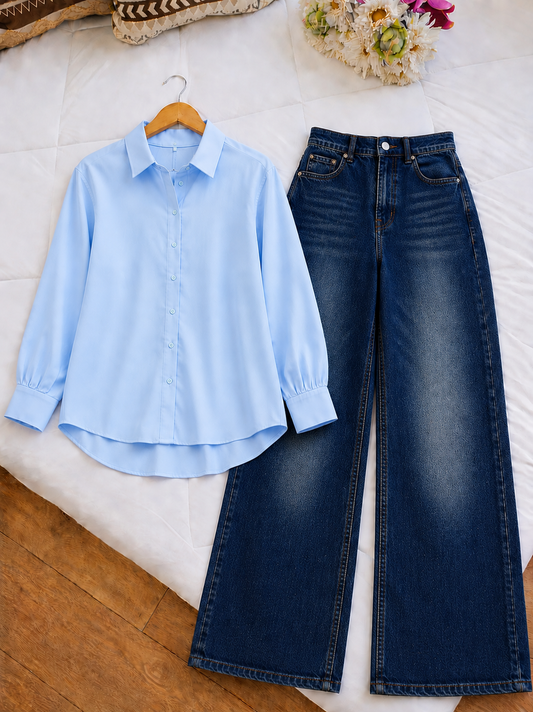 DUO PACK (SKY BLUE BUTTON DOWN SHIRT WITH DARK BLUE FADED WIDE LEG JEANS)