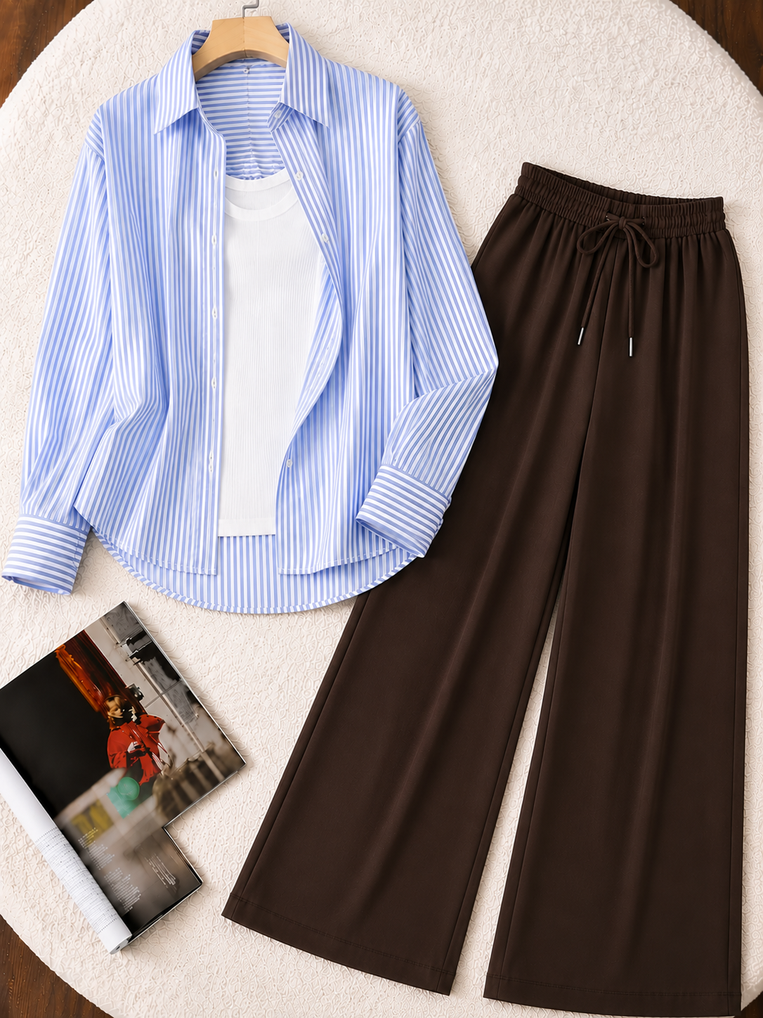 TRIO PACK ( WHITE AND BLUE STRIPES BUTTON DOWN SHIRT WITH WHITE INNER AND DARK BROWN FLAPPER TROUSER )