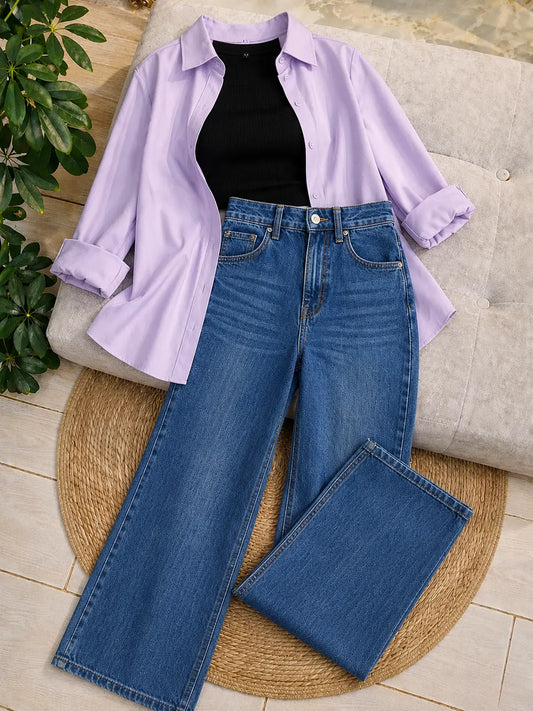 (TRIO PACK) LILAC BUTTON DOWN SHIRT WITH BLACK INNER AND MID BLUE WIDE JEANS
