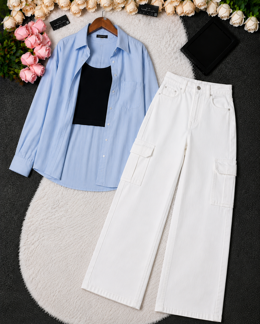 SUMMER TRIO PACK ( SKY BLUE BUTTON DOWN SHIRT WITH BLACK INNER AND WHITE WIDE LEG CARGO DENIM)