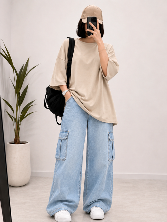 DUO PACK ( BEIGE BAGGY TEE WITH ICE BLUE CARGO WIDE LEG JEANS )