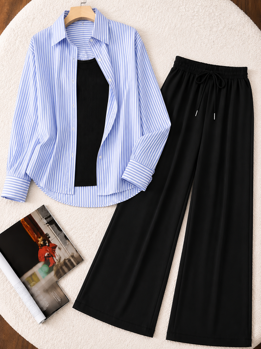TRIO PACK ( WHITE AND BLUE STRIPES BUTTON DOWN SHIRT WITH BLACK INNER AND BLACK FLAPPER TROUSER)