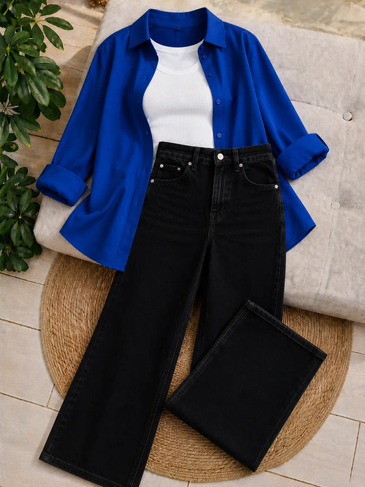 (TRIO PACK) ROYAL BLUE BUTTON DOWN SHIRT WITH WHITE INNER AND JET BLACK WIDE LEG JEANS