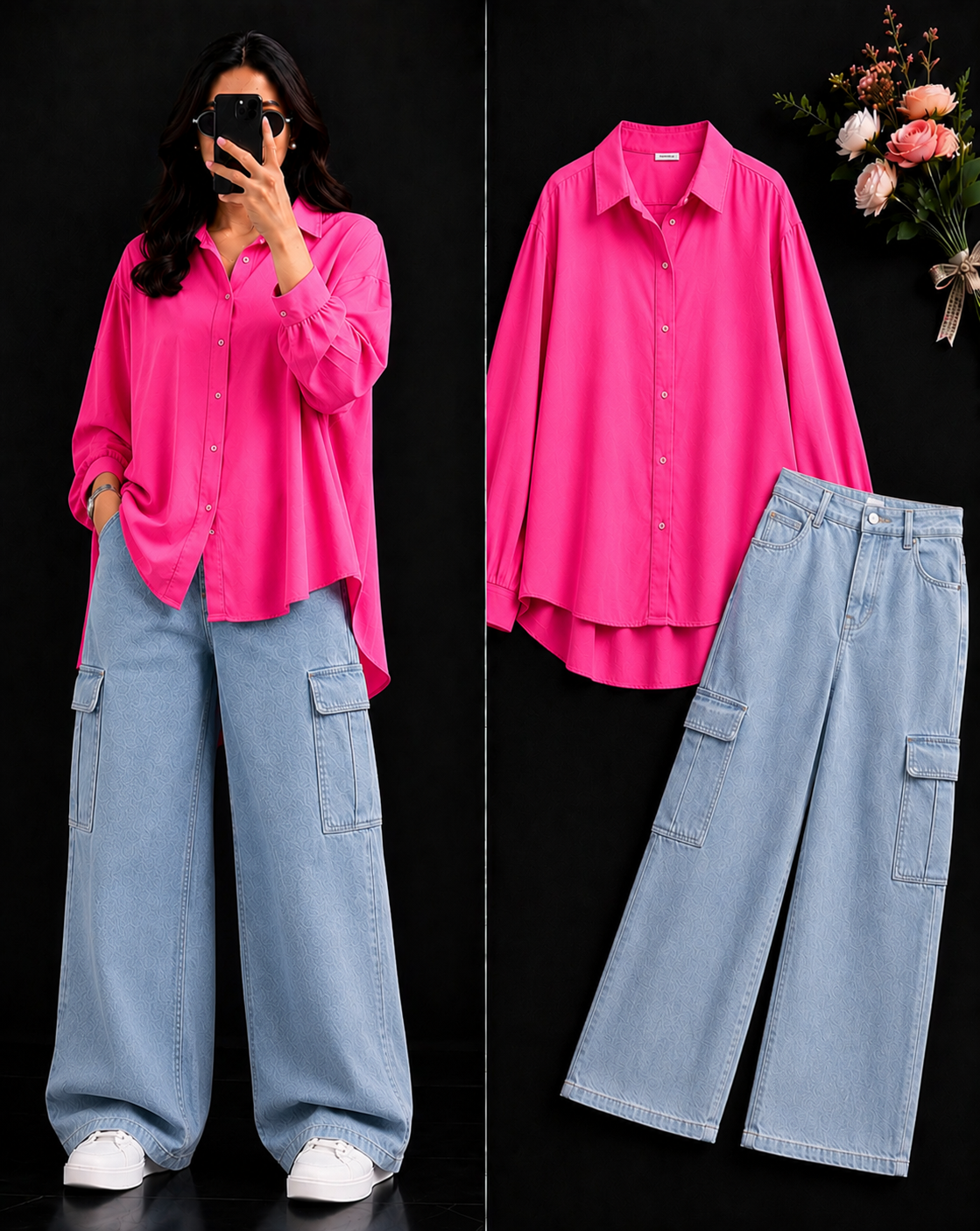DUO PACK ( SHOCKING PINK BUTTON DOWN SHIRT WITH SKY BLUE WIDE LEG CARGO DENIM)