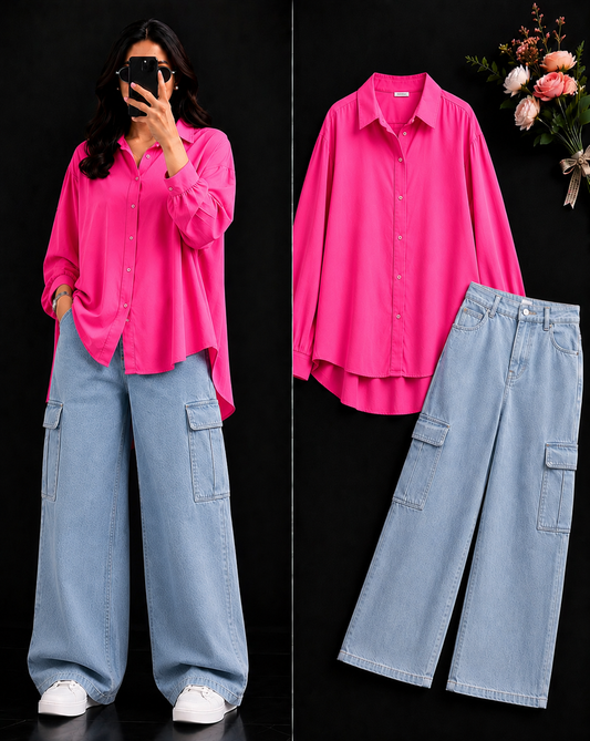 DUO PACK ( SHOCKING PINK BUTTON DOWN SHIRT WITH SKY BLUE WIDE LEG CARGO DENIM)