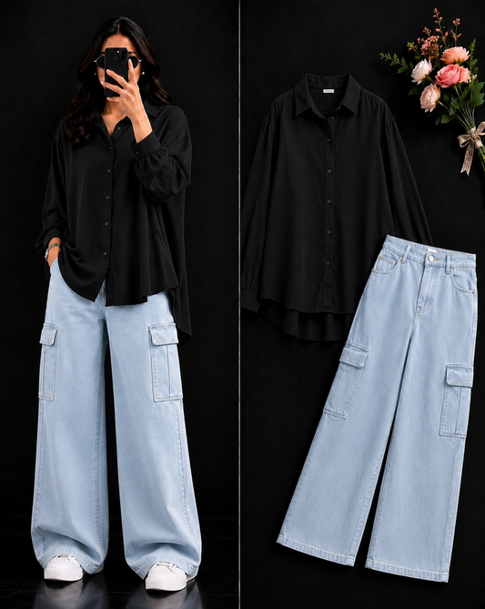 DUO PACK ( BLACK BUTTON DOWN SHIRT WITH ICE BLUE WIDE LEG CARGO DENIM )