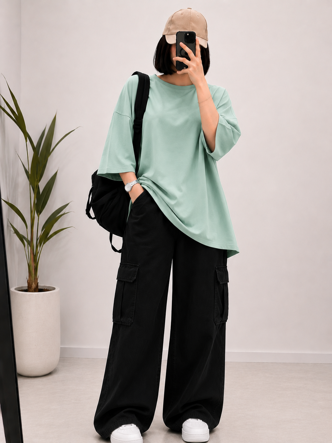 DUO PACK ( MINT GREEN BAGGY TEE WITH BLACK CARGO WIDE LEG JEANS )