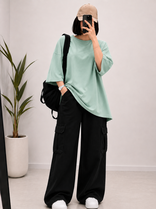 DUO PACK ( MINT GREEN BAGGY TEE WITH BLACK CARGO WIDE LEG JEANS )