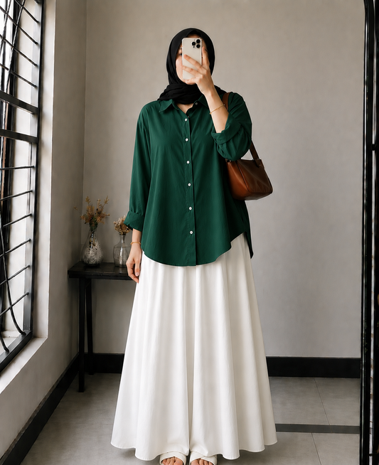DUO PACK ( BOTTLE GREEN BUTTON DOWN SHIRT WITH DARK BROWN MAXI SKIRT )