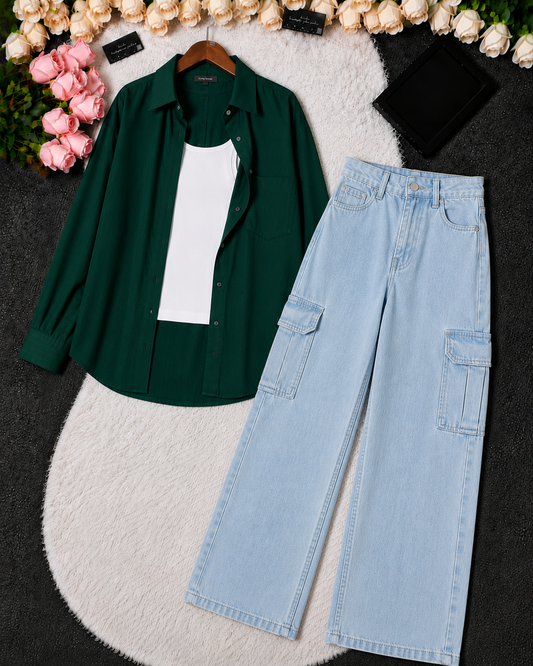 SUMMER TRIO PACK ( BOTTLE GREEN BUTTON DOWN SHIRT WITH WHITE INNER AND ICE BLUE WIDE LEG CARGO DENIM)