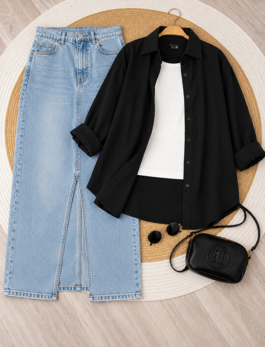 SUMMER TRIO PACK ( BLACK BUTTON DOWN SHIRT WITH WHITE INNER AND SKY BLUE DENIM SKIRT )