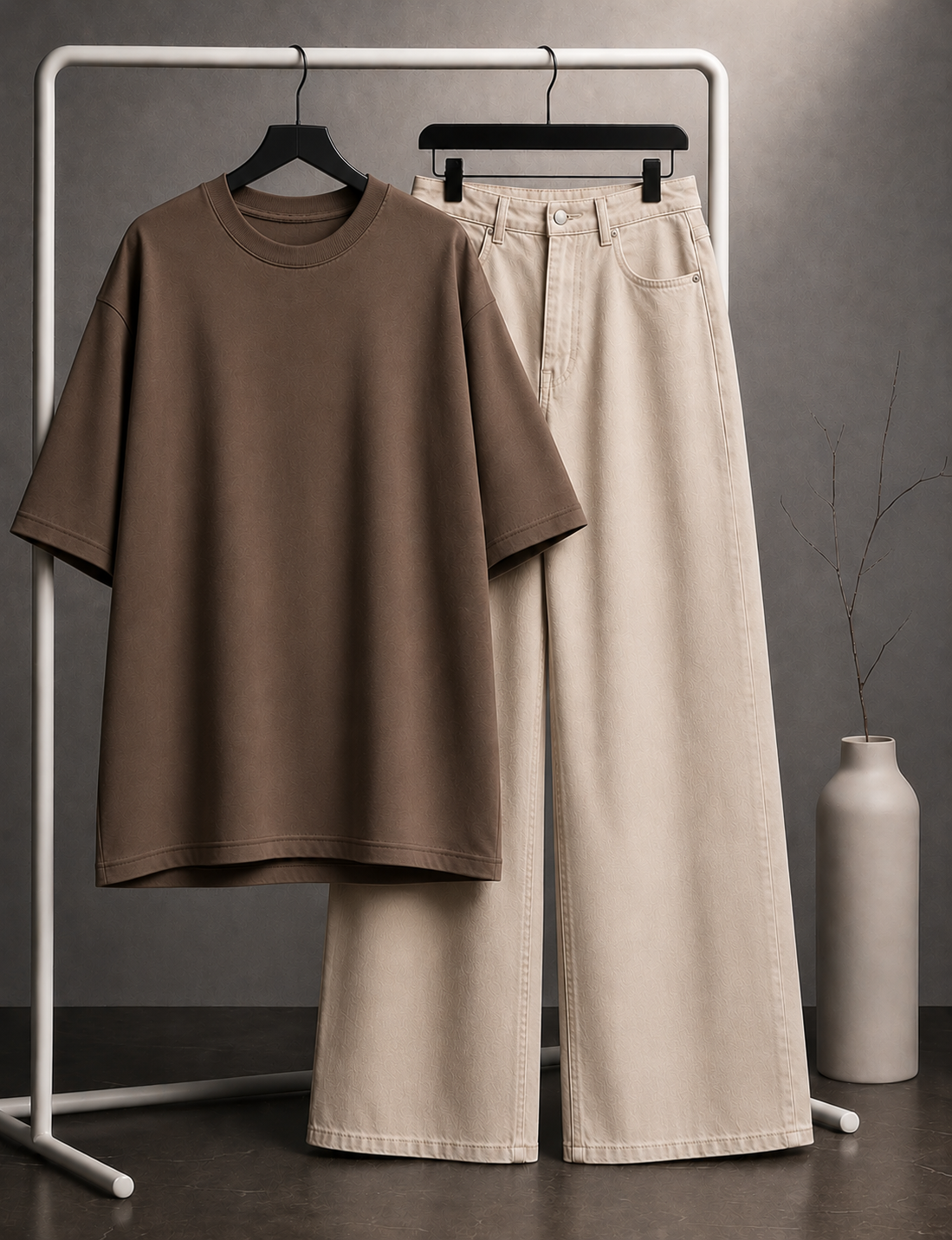 DUO PACK ( COFFEE BROWN BAGGY TEE WITH BEIGE WIDE LEG JEANS )
