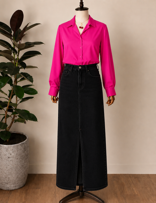DUO PACK ( SHOCKING PINK BUTTON DOWN SHIRT WITH BLACK DENIM SKIRT )