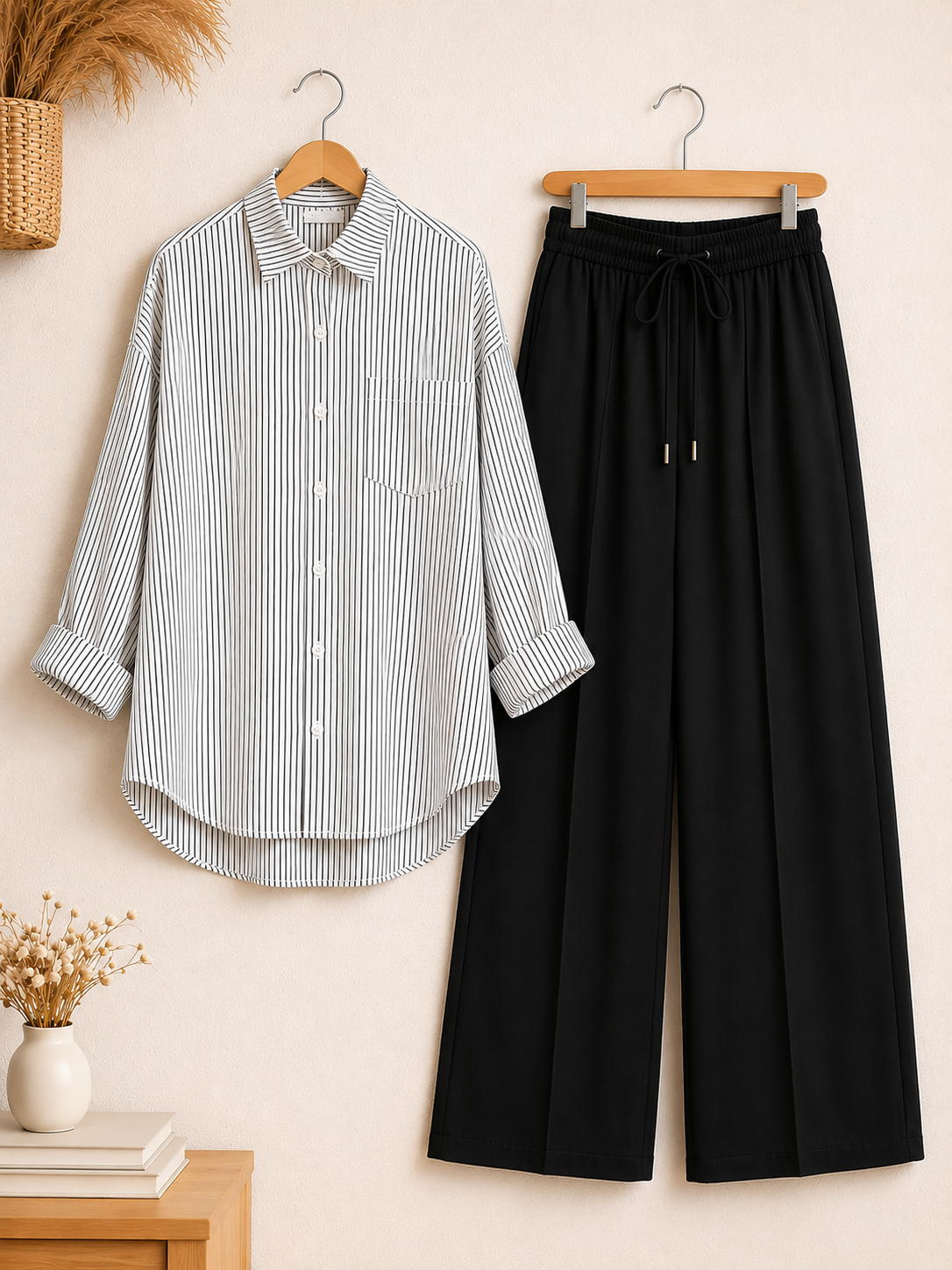 DUO PACK ( WHITE AND BLACK STRIPES BUTTON DOWN SHIRT WITH BLACK FLAPPER TROUSER )