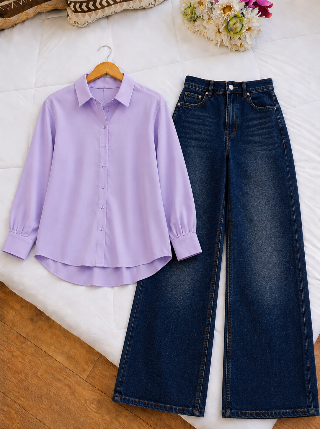 DUO PACK (LILAC BUTTON DOWN SHIRT WITH DARK BLUE FADED WIDE LEG JEANS)
