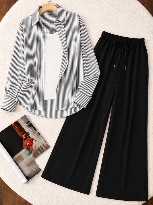 TRIO PACK ( WHITE AND BLACK STRIPES BUTTON DOWN SHIRT WITH WHITE INNER AND BLACK FLAPPER TROUSER)