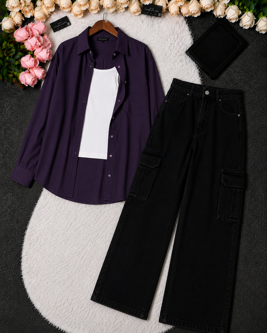 SUMMER TRIO PACK ( DARK PURPLE BUTTON DOWN SHIRT WITH WHITE INNER AND BLACK WIDE LEG CARGO DENIM)