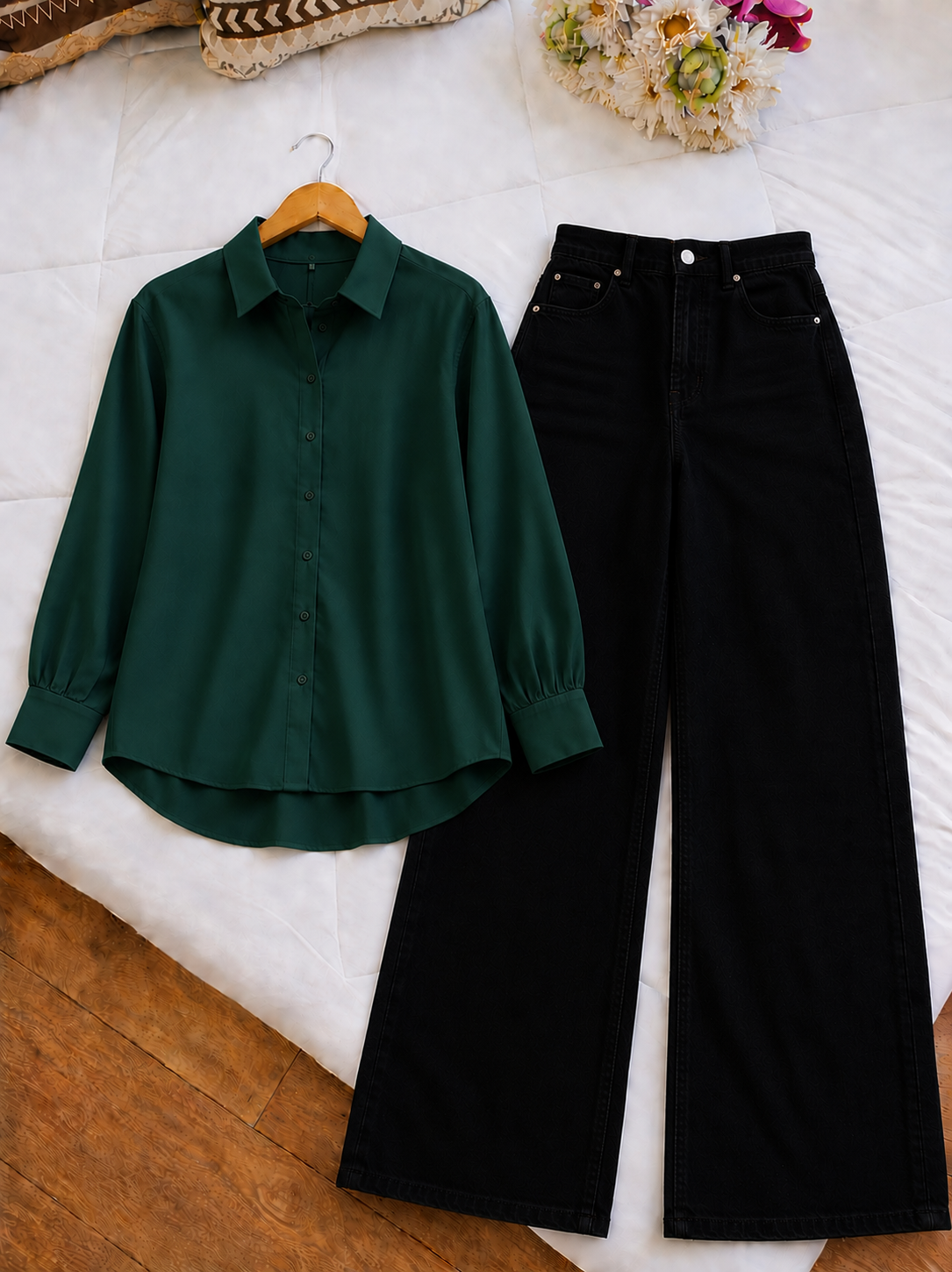 DUO PACK ( BOTTLE GREEN BUTTON DOWN SHIRT WITH BLACK WIDE LEG JEANS )