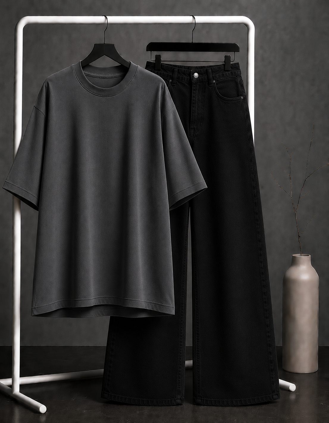 DUO PACK ( DARK GREY BAGGY TEE WITH JET BLACK WIDE LEG JEANS )