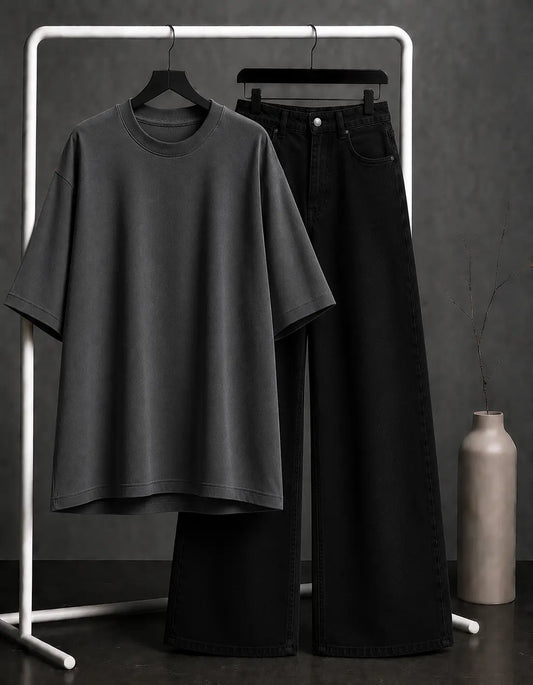 DUO PACK ( DARK GREY BAGGY TEE WITH JET BLACK WIDE LEG JEANS )