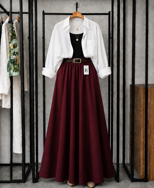SUMMER TRIO PACK ( WHITE BUTTON DOWN SHIRT WITH BLACK INNER AND MAROON MAXI SKIRT)