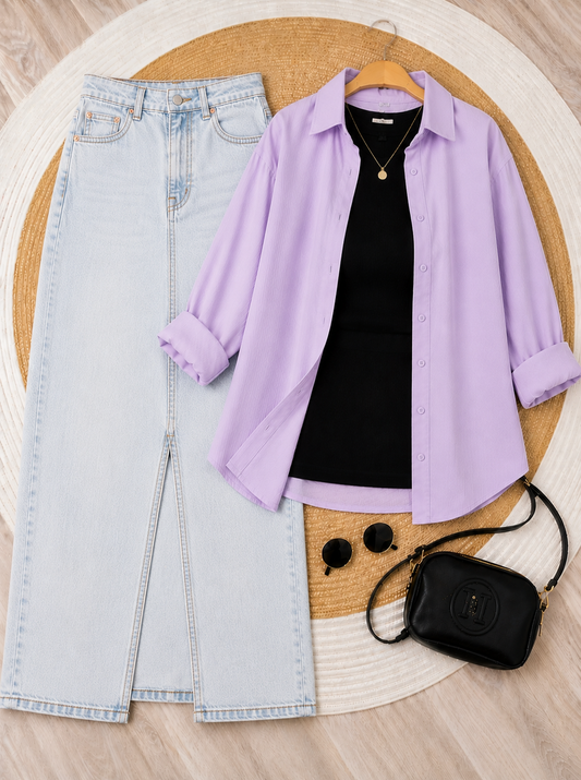 SUMMER TRIO PACK ( LILAC BUTTON DOWN SHIRT WITH BLACK INNER AND ICE BLUE DENIM SKIRT)