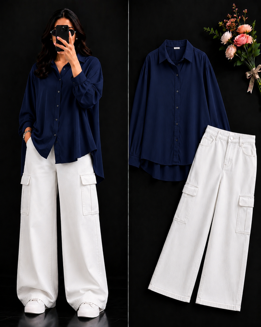 DUO PACK ( NAVY BLUE BUTTON DOWN SHIRT WITH WHITE WIDE LEG CARGO DENIM )