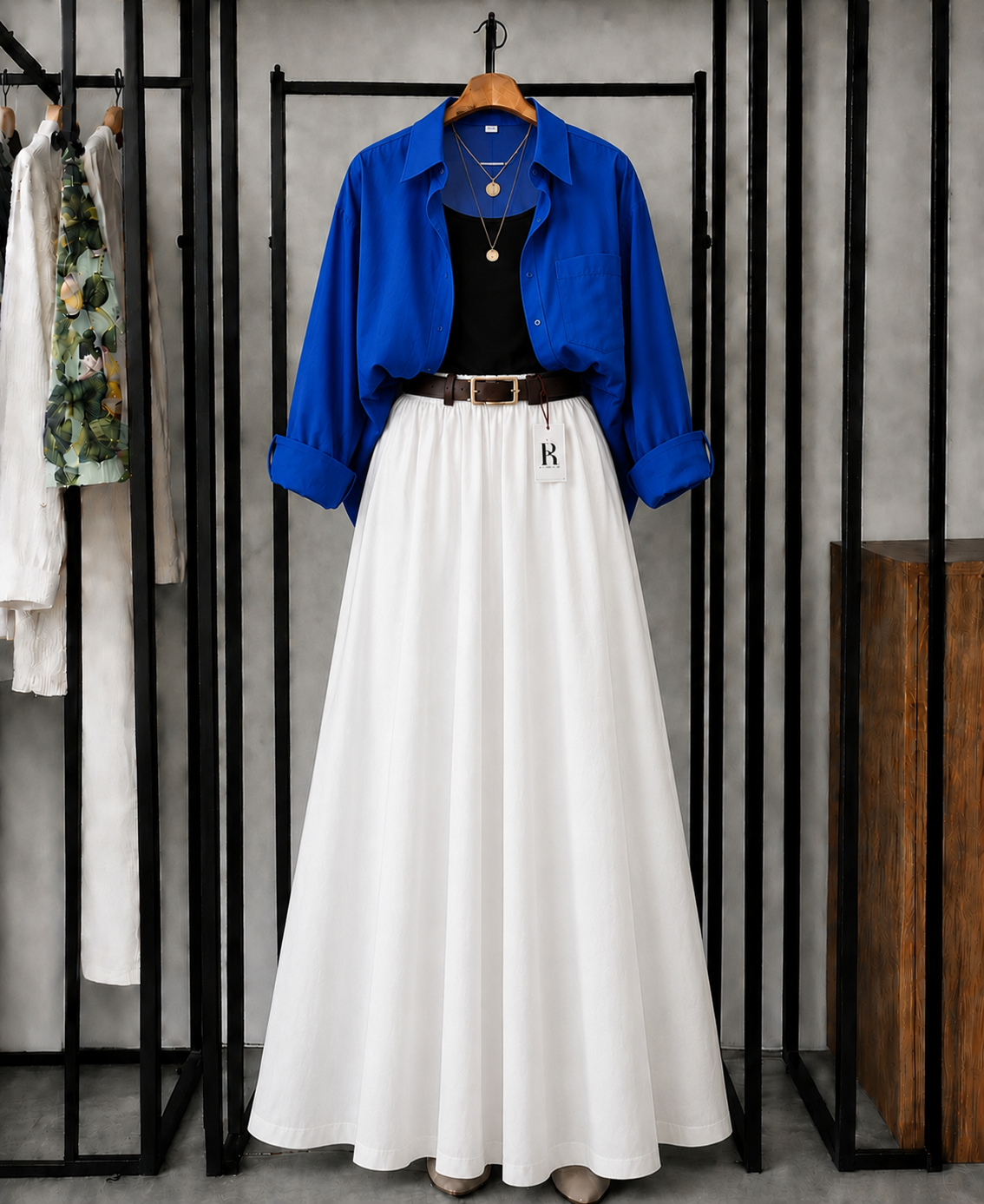 SUMMER TRIO PACK ( ROYAL BLUE BUTTON DOWN SHIRT WITH BLACK INNER AND WHITE MAXI SKIRT )