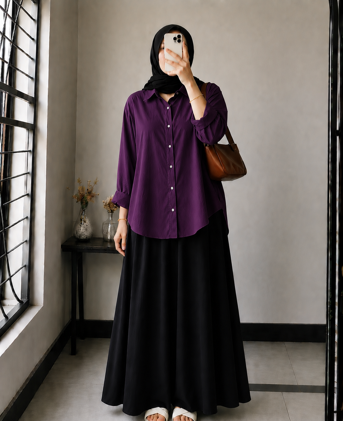 DUO PACK ( DARK PURPLE BUTTON DOWN SHIRT WITH BLACK MAXI SKIRT )