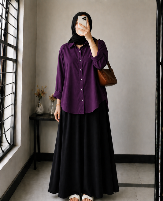 DUO PACK ( DARK PURPLE BUTTON DOWN SHIRT WITH BLACK MAXI SKIRT )