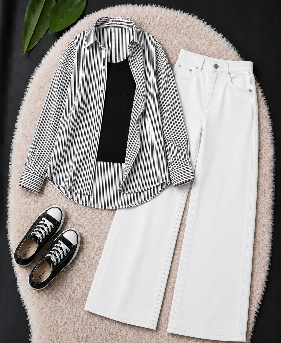 TRIO PACK (WHITE AND BLACK STRIPES BUTTON DOWN SHIRT WITH BLACK INNER AND WHITE WIDE LEG JEANS)