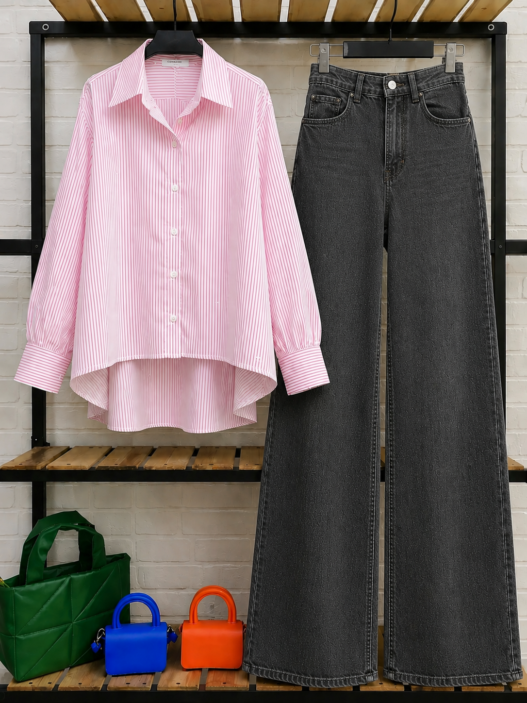 DUO PACK ( WHITE AND PINK STRIPES BUTTON DOWN SHIRT WITH CHARCOAL GREY WIDE LEG JEANS )