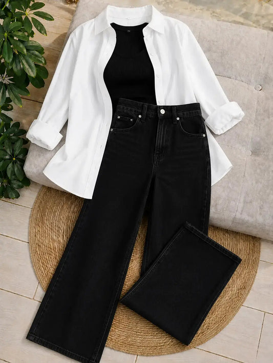 (TRIO PACK) WHITE BUTTON DOWN SHIRT WITH BLACK INNER AND JET BLACK WIDE LEG JEANS