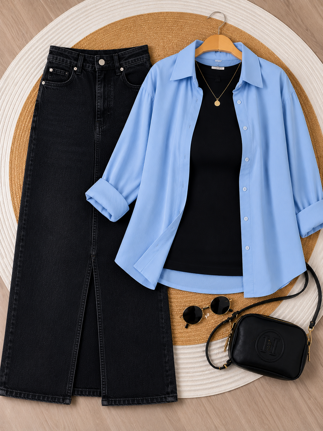 SUMMER TRIO PACK ( SKY BLUE BUTTON DOWN SHIRT WITH BLACK INNER AND BLACK DENIM SKIRT )