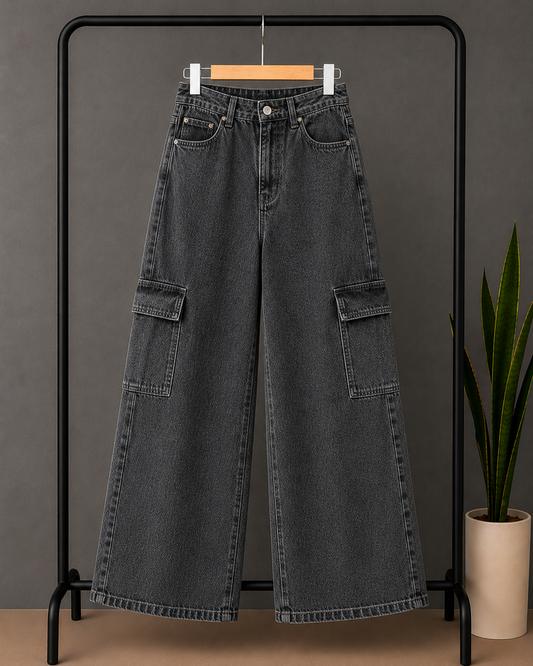 DARK GREY WIDE LEG CARGO JEANS