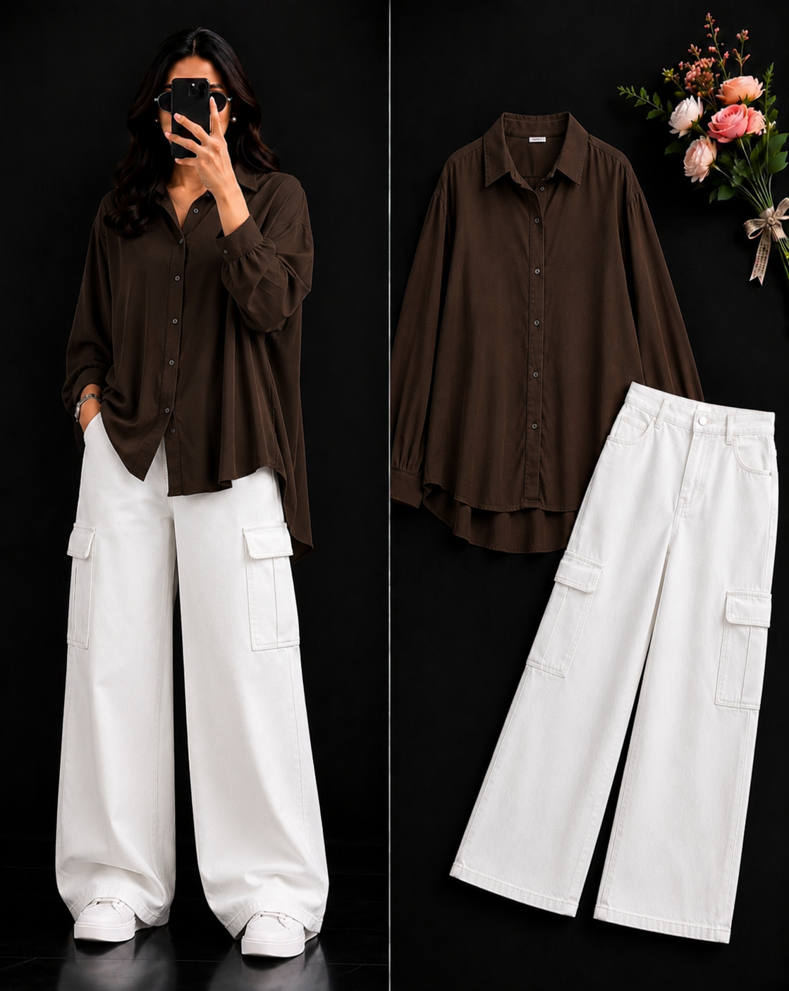 DUO PACK ( DARK BROWN BUTTON DOWN SHIRT WITH WHITE WIDE LEG CARGO DENIM )