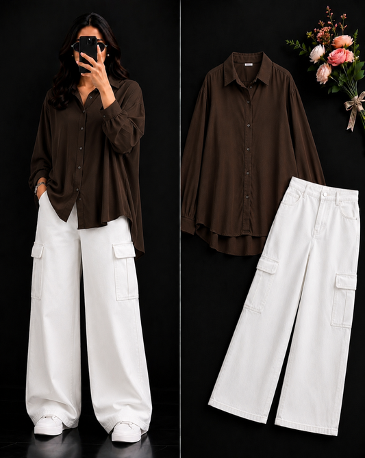 DUO PACK ( DARK BROWN BUTTON DOWN SHIRT WITH WHITE WIDE LEG CARGO DENIM )