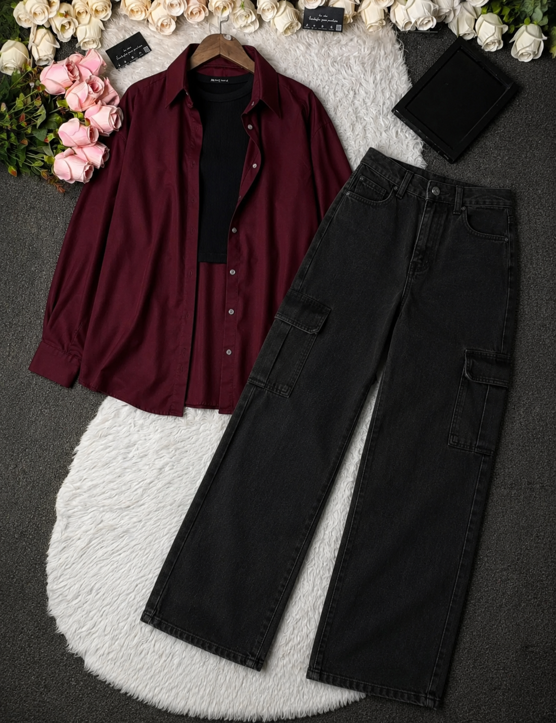 SUMMER TRIO PACK ( MAROON BUTTON DOWN SHIRT WITH BLACK INNER AND MALAYSIAN BLACK WIDE LEG CARGO DENIM)